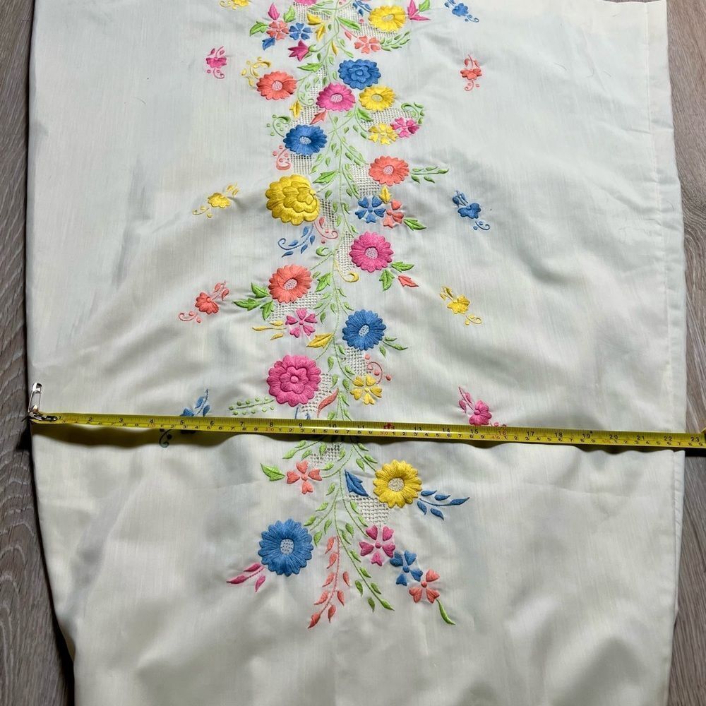 Vintage 60s Maxi Dress Ivory Embroidered floral Sleeveless Prairie Hippie Boho S - Picture 13 of 16